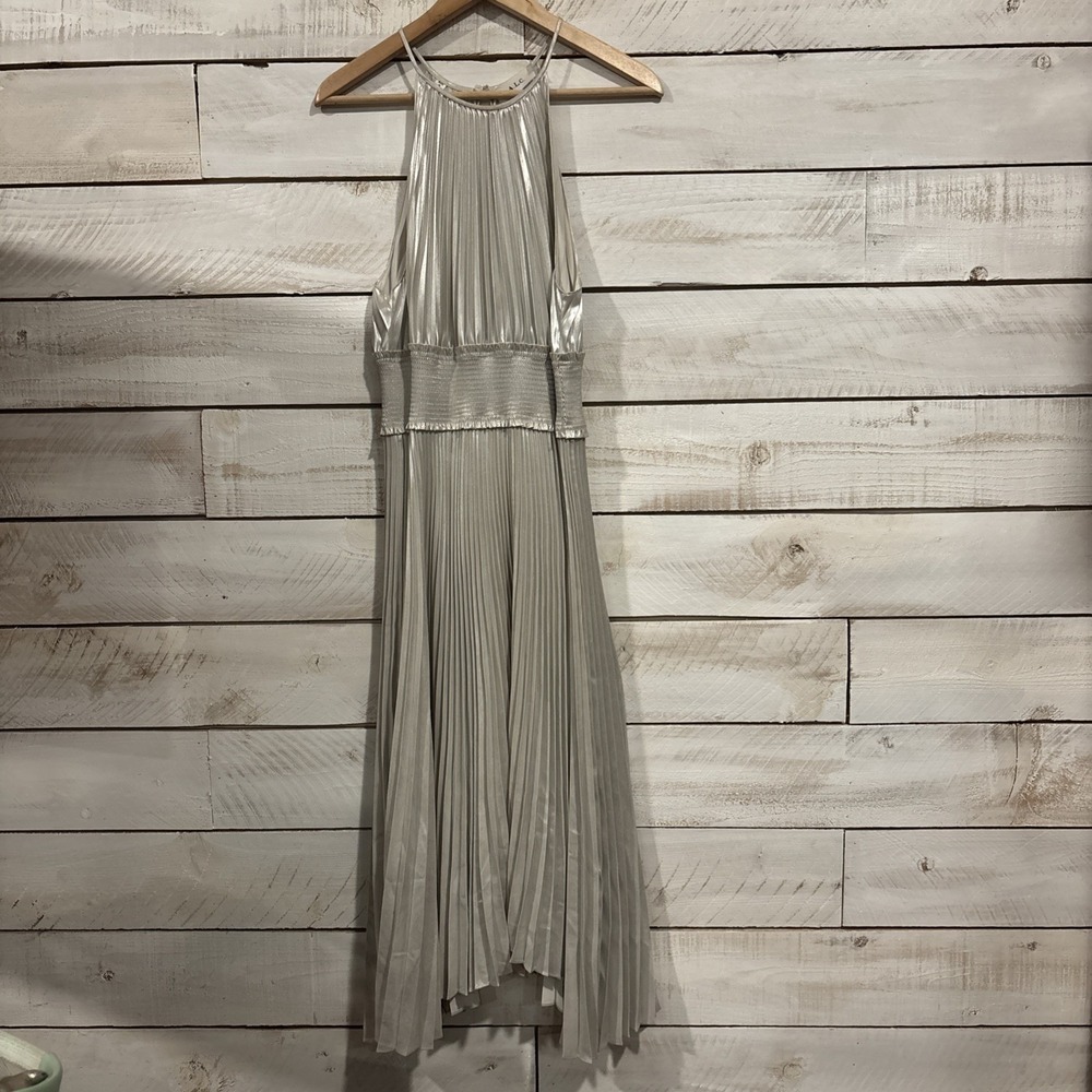A.L.C Weston Pleated Midi Cocktail Dress Sz 6 Silver Metallic Sleeveless